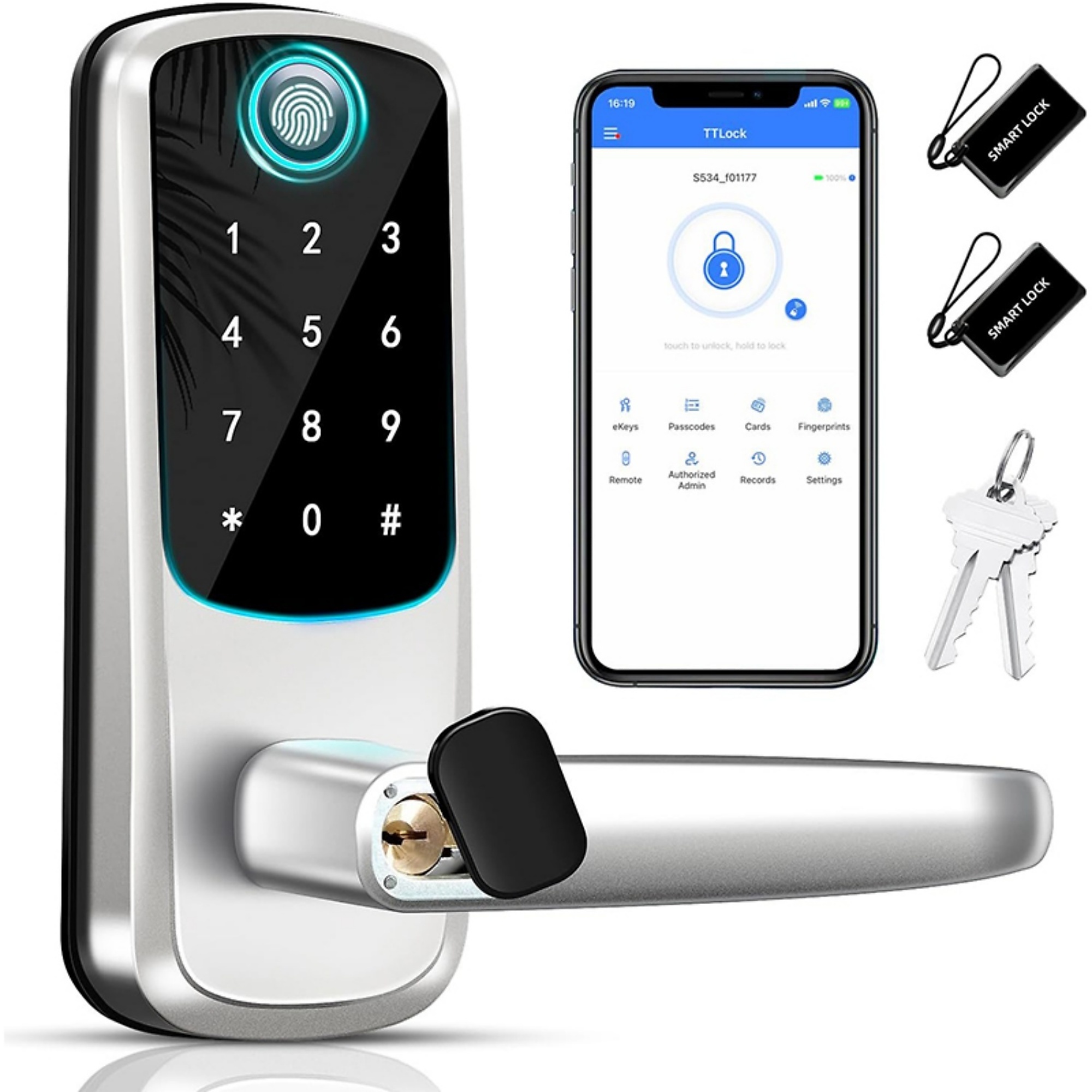 5 in 1 Corded Aluminum Smart Lock Deadbolt, Keyless Entry Door Lock with Fingerprint Digital, APP Control in Silver